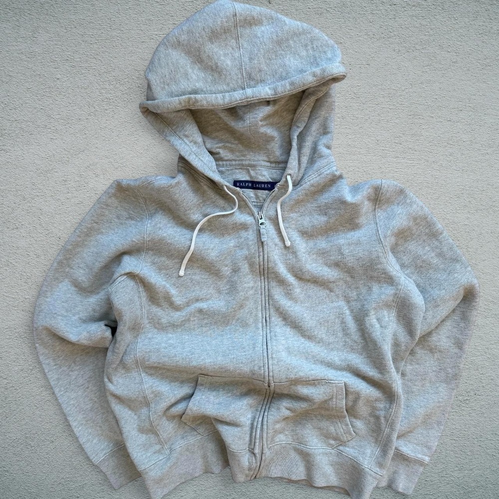 Vintage Ralph Lauren Women's Large Grey Full-Zip Fleece Hoodie